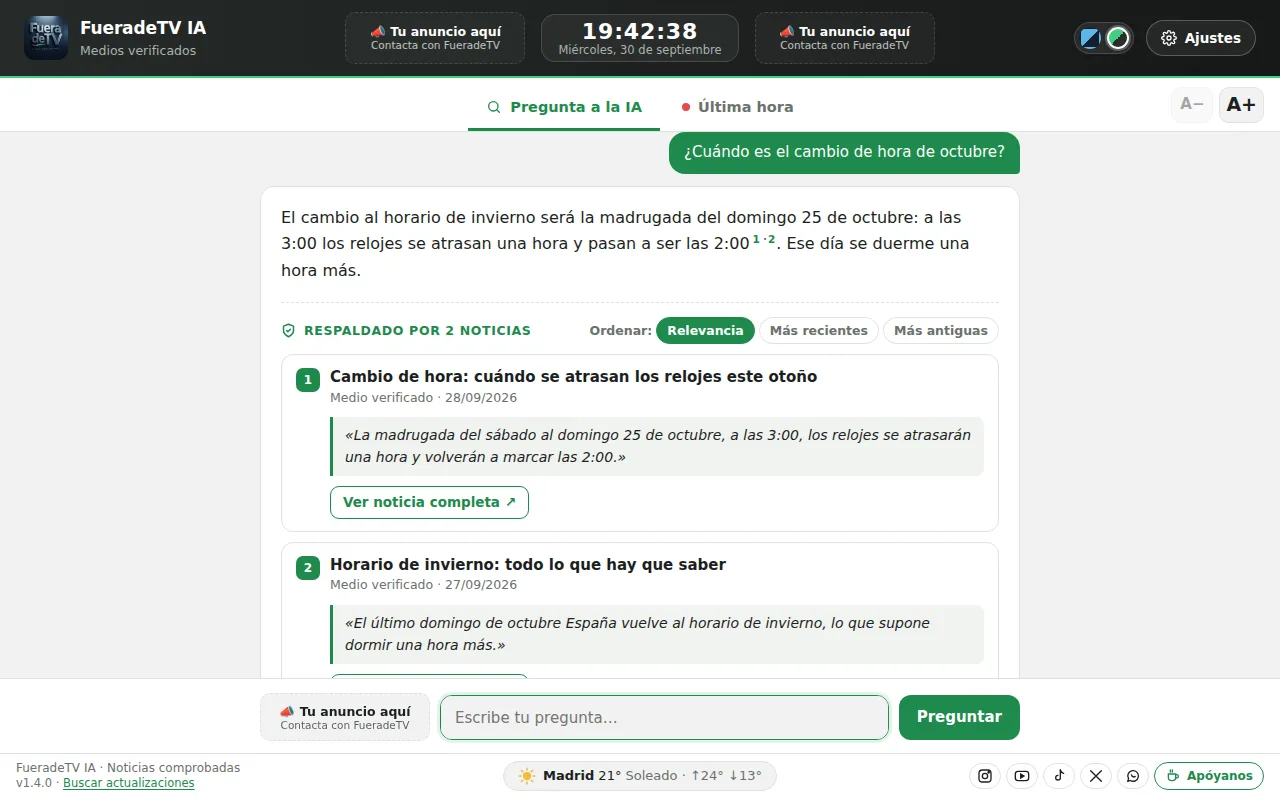 FueradeTV IA en un ordenador con el estilo verde, mostrando una respuesta con sus noticias